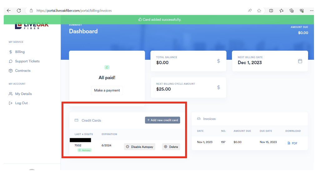 LiveOak Fiber autopay set up